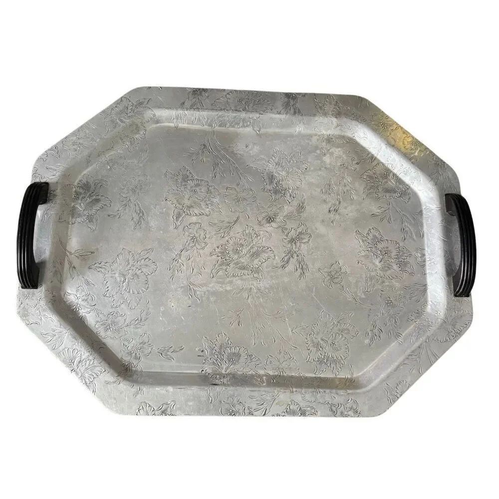 Foreman Family Embossed Aluminum Serving Tray With Bakelite Handles